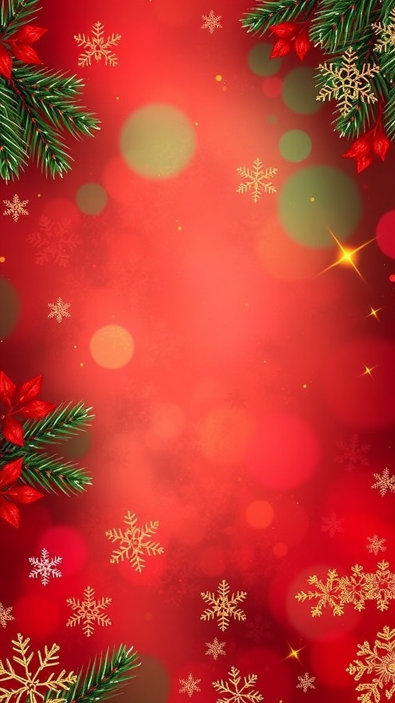 A colorful Christmas background texture with red, green, and gold elements, featuring snowflakes and pine branches.